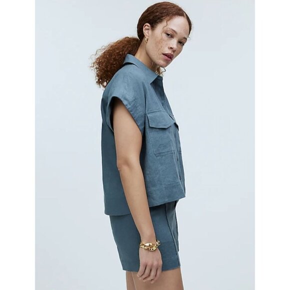 MADEWELL Flap-Pocket Button-Up Shirt in 100% Linen Blue XS NWT - Picture 3 of 11